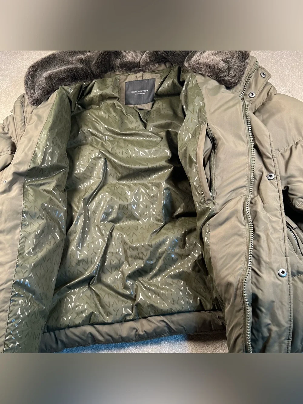 Andrew Marc New York Down Filled Puffer Coat Green Removable Hood Faux Fur XXL